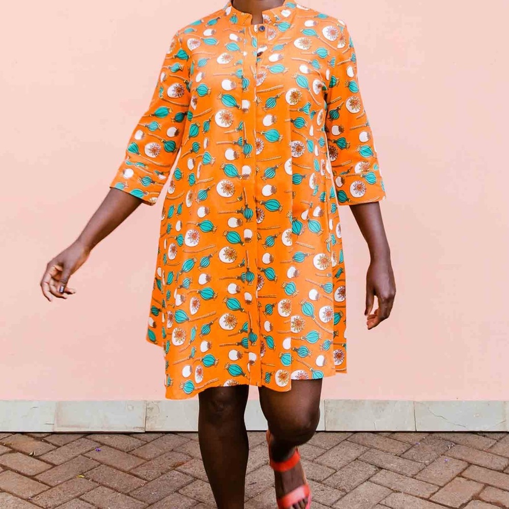 ZURI Poppy Art Turnip Print Dress Made in Kenya size Medium
